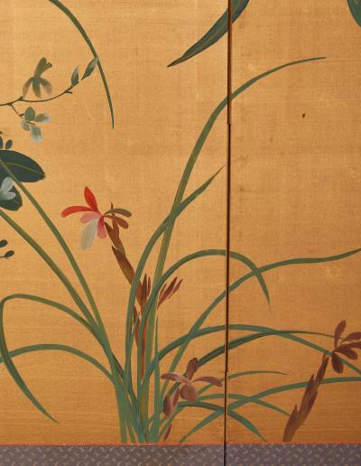 Japanese Two Panel Screen Moon and Flowers