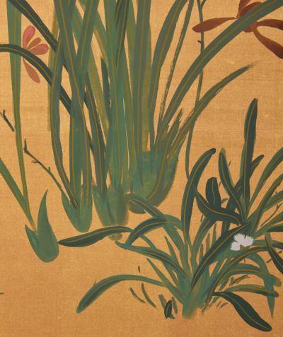 Japanese Two Panel Screen Moon and Flowers