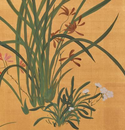 Japanese Two Panel Screen Moon and Flowers