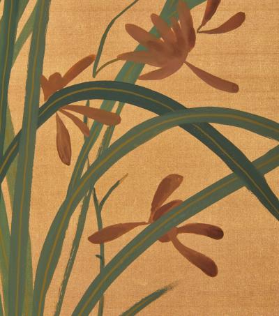 Japanese Two Panel Screen Moon and Flowers