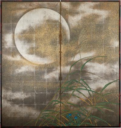 Japanese Two Panel Screen Moon and Wild Grasses