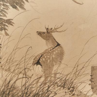 Japanese Two Panel Screen Moonlit Forest Landscape with Deer