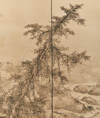 Japanese Two Panel Screen Moonlit Forest Landscape with Deer