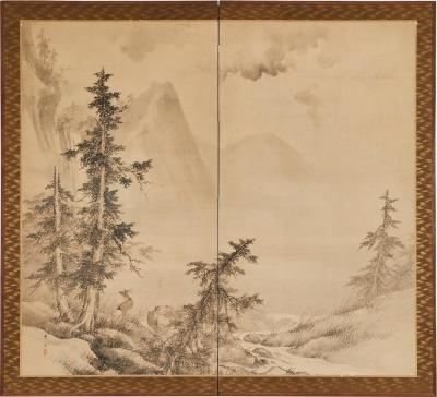 Japanese Two Panel Screen Moonlit Forest Landscape with Deer