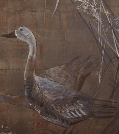 Japanese Two Panel Screen Moonlit Landscape with Geese