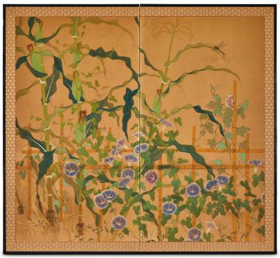 Japanese Two Panel Screen Morning Glories with Maize and Bamboo Trellis