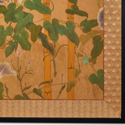 Japanese Two Panel Screen Morning Glories with Maize and Bamboo Trellis