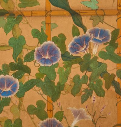 Japanese Two Panel Screen Morning Glories with Maize and Bamboo Trellis