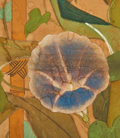 Japanese Two Panel Screen Morning Glories with Maize and Bamboo Trellis