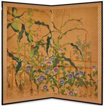 Japanese Two Panel Screen Morning Glories with Maize and Bamboo Trellis