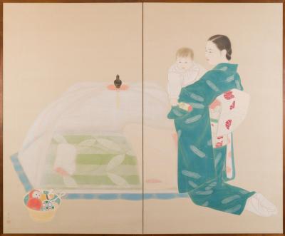 Japanese Two Panel Screen Mother and Child at Bedtime