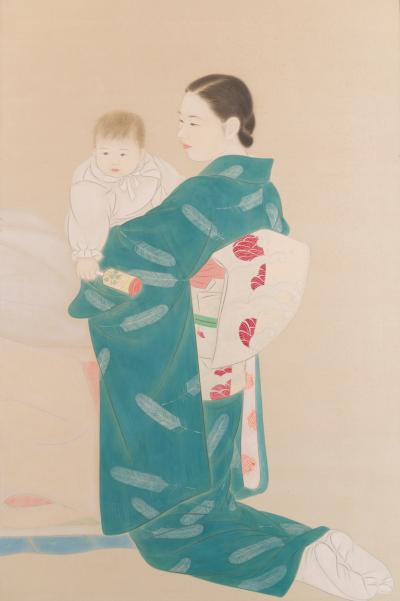 Japanese Two Panel Screen Mother and Child at Bedtime