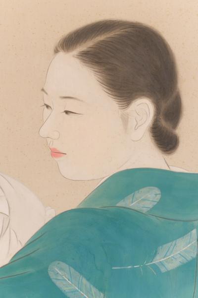 Japanese Two Panel Screen Mother and Child at Bedtime