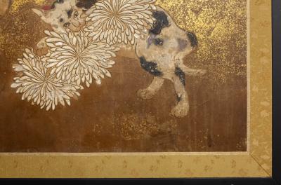 Japanese Two Panel Screen Mother and Kitten with Chrysanthemums