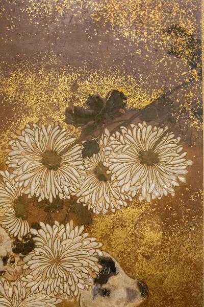 Japanese Two Panel Screen Mother and Kitten with Chrysanthemums