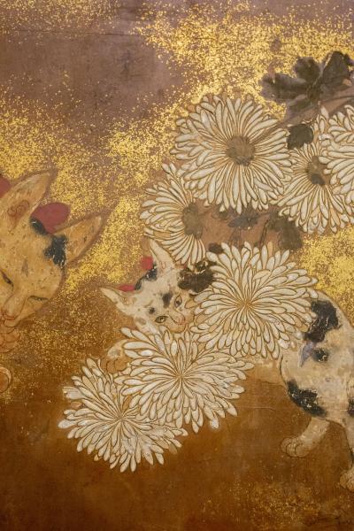 Japanese Two Panel Screen Mother and Kitten with Chrysanthemums