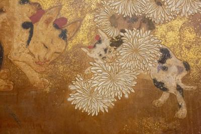 Japanese Two Panel Screen Mother and Kitten with Chrysanthemums
