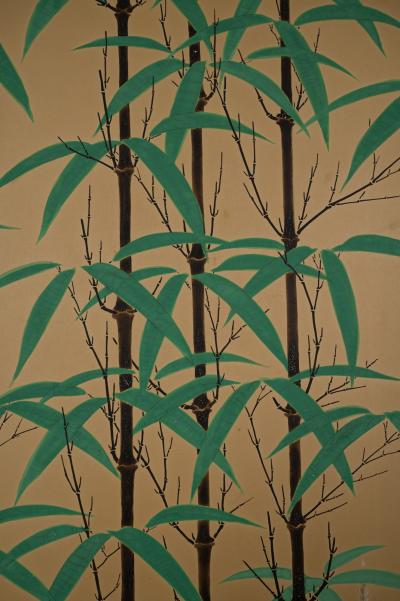 Japanese Two Panel Screen Mother and Puppies Under Bamboo
