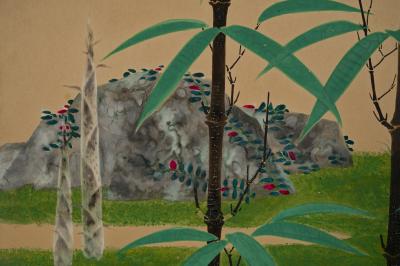 Japanese Two Panel Screen Mother and Puppies Under Bamboo