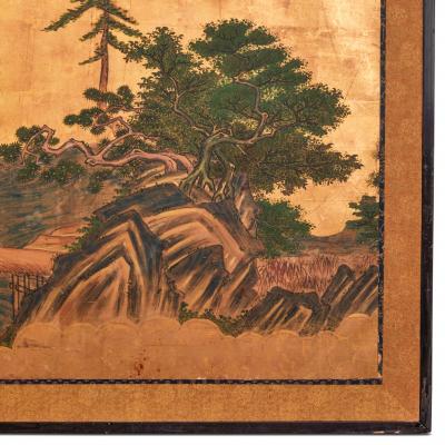 Japanese Two Panel Screen Mountain Landscape With Cedar and Pine on Gold Leaf