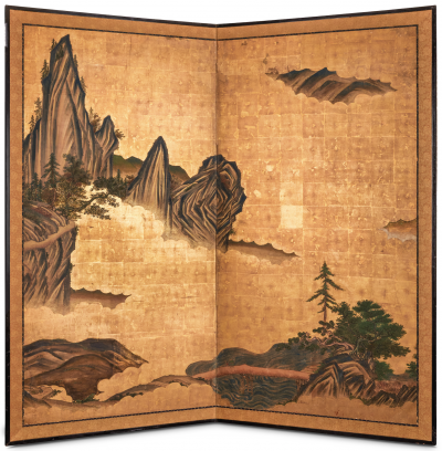 Japanese Two Panel Screen Mountain Landscape With Cedar and Pine on Gold Leaf