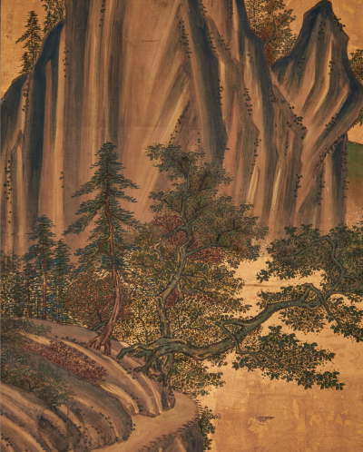 Japanese Two Panel Screen Mountain Landscape With Cedar and Pine on Gold Leaf