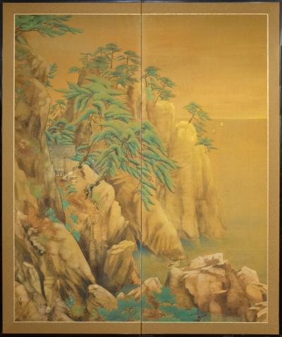 Japanese Two Panel Screen Mountain Shrine on Craggy Ledge