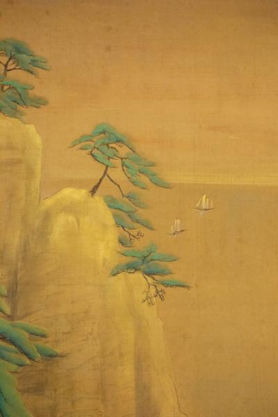 Japanese Two Panel Screen Mountain Shrine on Craggy Ledge