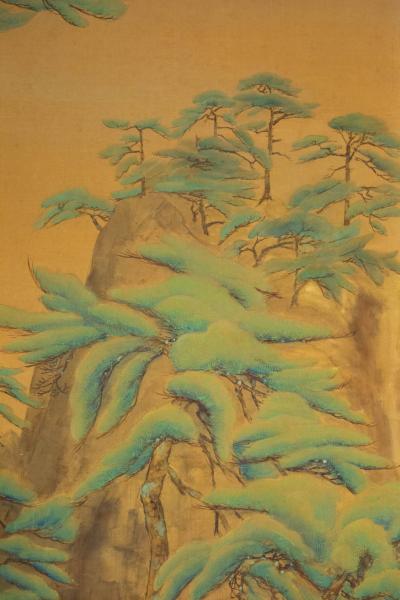 Japanese Two Panel Screen Mountain Shrine on Craggy Ledge