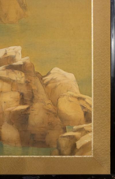 Japanese Two Panel Screen Mountain Shrine on Craggy Ledge