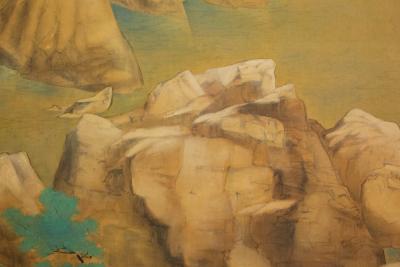 Japanese Two Panel Screen Mountain Shrine on Craggy Ledge