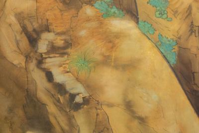 Japanese Two Panel Screen Mountain Shrine on Craggy Ledge