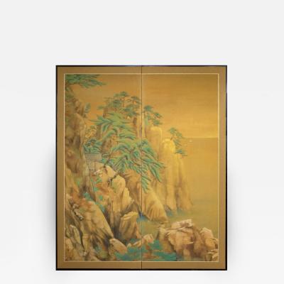 Japanese Two Panel Screen Mountain Shrine on Craggy Ledge