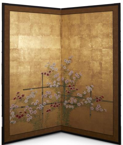 Japanese Two Panel Screen Nadeshiko on Bamboo Trellis