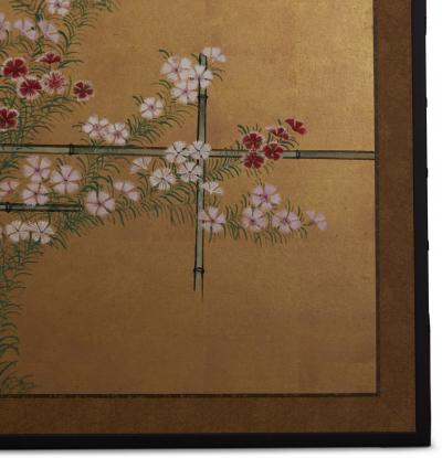 Japanese Two Panel Screen Nadeshiko on Bamboo Trellis