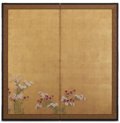 Japanese Two Panel Screen Nadeshiko on Gold Leaf