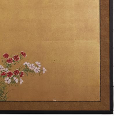 Japanese Two Panel Screen Nadeshiko on Gold Leaf