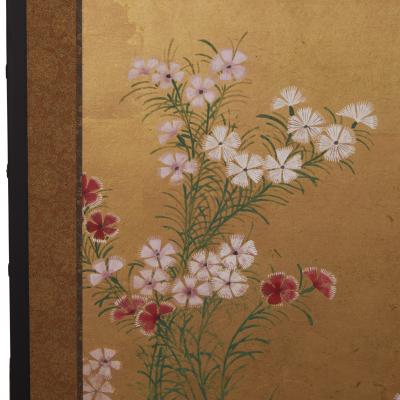 Japanese Two Panel Screen Nadeshiko on Gold Leaf