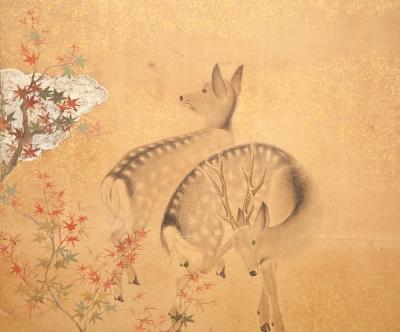 Japanese Two Panel Screen Nara Deer in Gentle Yoshino Landscape