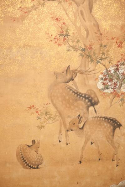 Japanese Two Panel Screen Nara Deer in Gentle Yoshino Landscape