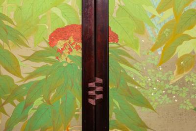 Japanese Two Panel Screen Nihonga Style Garden