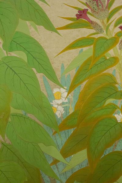 Japanese Two Panel Screen Nihonga Style Garden