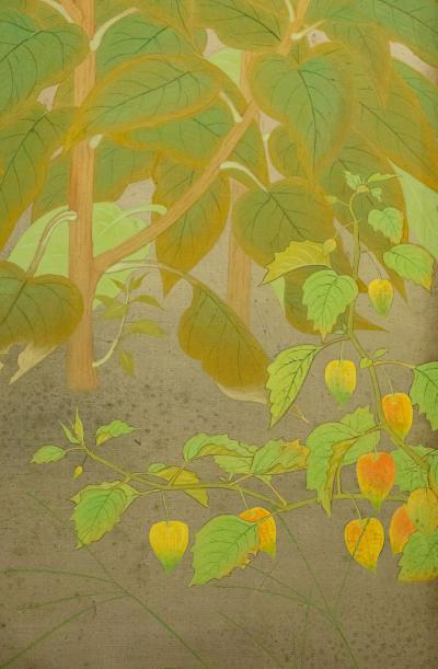 Japanese Two Panel Screen Nihonga Style Garden