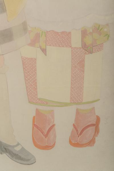 Japanese Two Panel Screen Nihonga Style Painting of Children in Western Dress