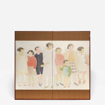 Japanese Two Panel Screen Nihonga Style Painting of Children in Western Dress