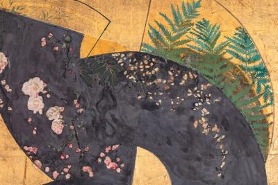 Japanese Two Panel Screen Painted Fans on Gold Leaf