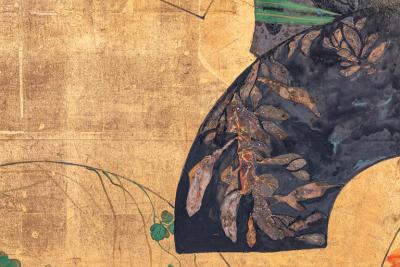 Japanese Two Panel Screen Painted Fans on Gold Leaf