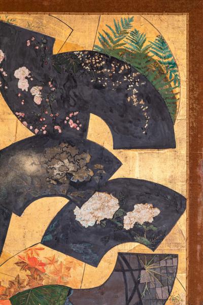 Japanese Two Panel Screen Painted Fans on Gold Leaf