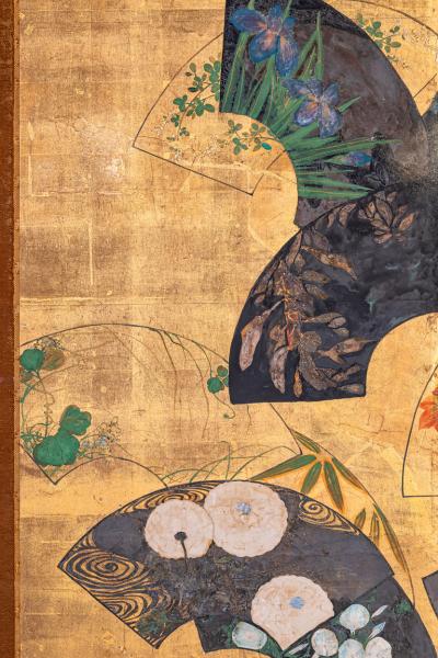 Japanese Two Panel Screen Painted Fans on Gold Leaf