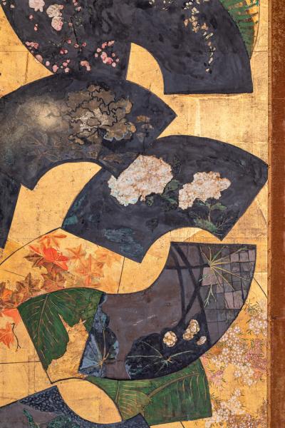 Japanese Two Panel Screen Painted Fans on Gold Leaf